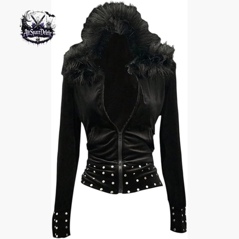 Goth Faux Fur Zip Hoodie Long Sleeve Fuzzy Punk Jacket Slim Fit